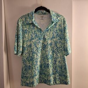 Links Edition Women's Blue and Green Patterned Short Sleeve Shirt